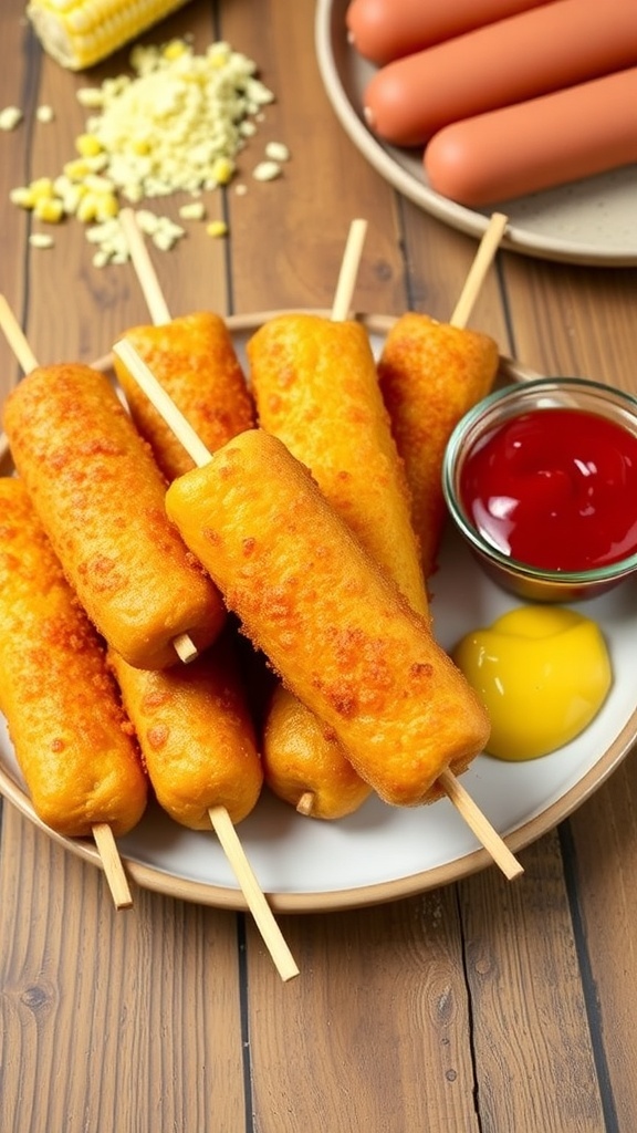 Golden-brown homemade corn dogs on a plate with mustard and ketchup.